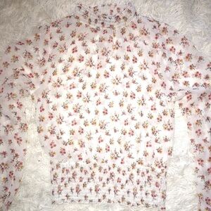 Chiffon White Floral Mock Neck Blouse with Puff Poet Sleeves & Gathered Waist, S